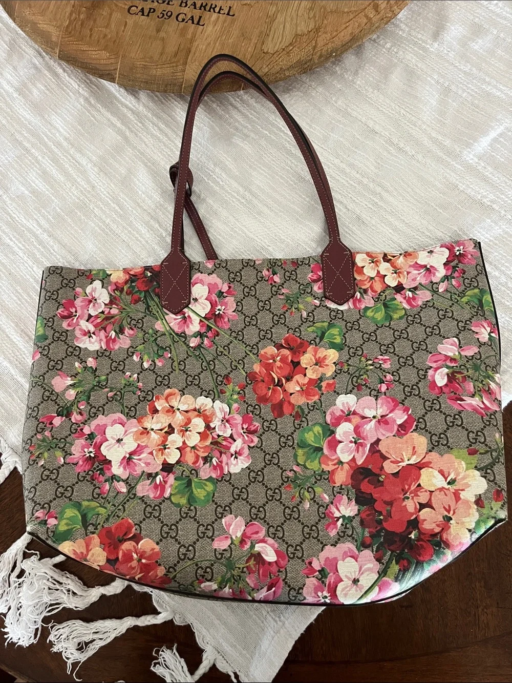 Gucci Floral GG Supreme Tote in Pink and Brown